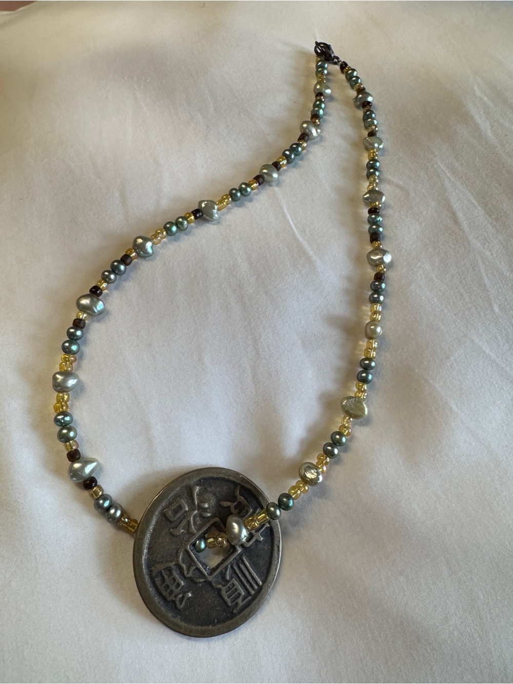 Handcrafted bronze-Tone Coin Pendant Necklace in Blue Gray and Gold Beads